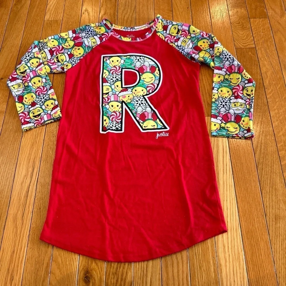 Justice Christmas Emoji Initial Letter “R” Sleep Shirt Nightgown Girl Size 6/7